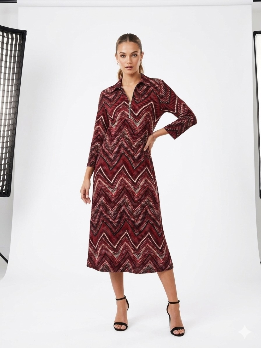 Ava & Viv Burgundy Chevron Midi Dress with Zip Collar